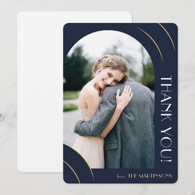 Moderne Dunkelblaue Foto Hochzeit Dankeskarte (Vorne/Hinten)