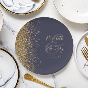 Moderne dunkelblaue goldene Glitterrand-Hochzeit Pappteller