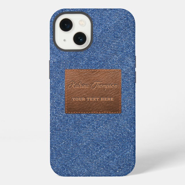 Moderne dunkelblaue Jeans-Textur mit Lederpatch iPhone Hülle (Rückseite)