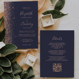 Moderne Dunkelblaue Rose Gold Glitzer QR Code Hoch Einladung