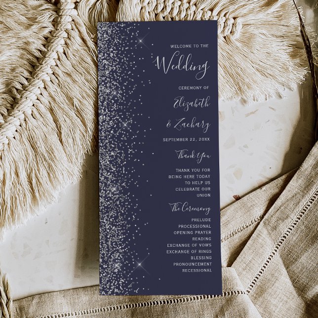 Moderne dunkelblaue silberne Glitter-Hochzeit Programm (Von Creator hochgeladen)