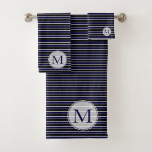 Moderne dunkelblaue Streifen Mit Monogramm Badhandtuch Set
