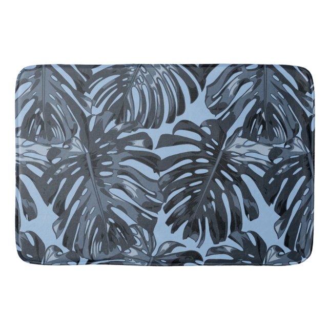 Moderne dunkelblaue tropische Palme-Blätter Badematte (Vorderseite)