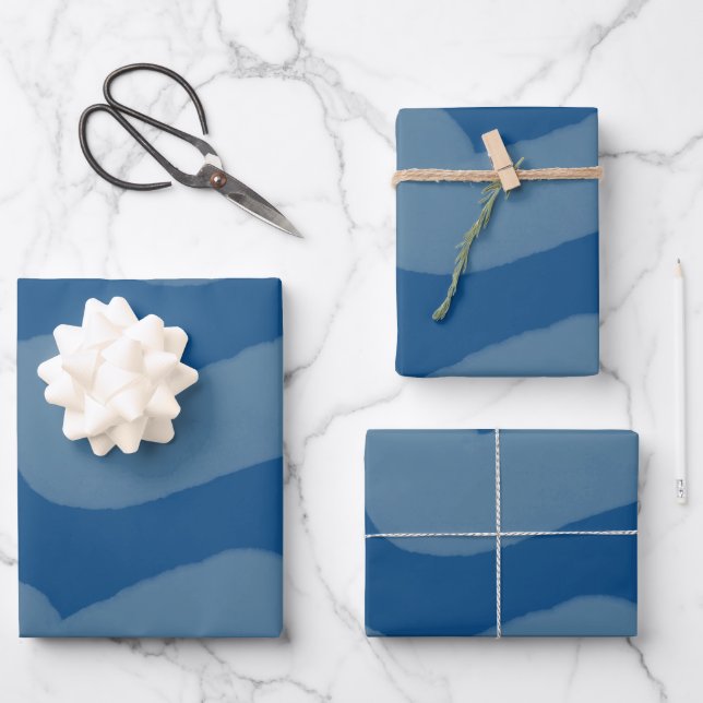 Moderne dunkelblaue Wasserfarben Streifen Urlaub Geschenkpapier Set (Vorderseite)