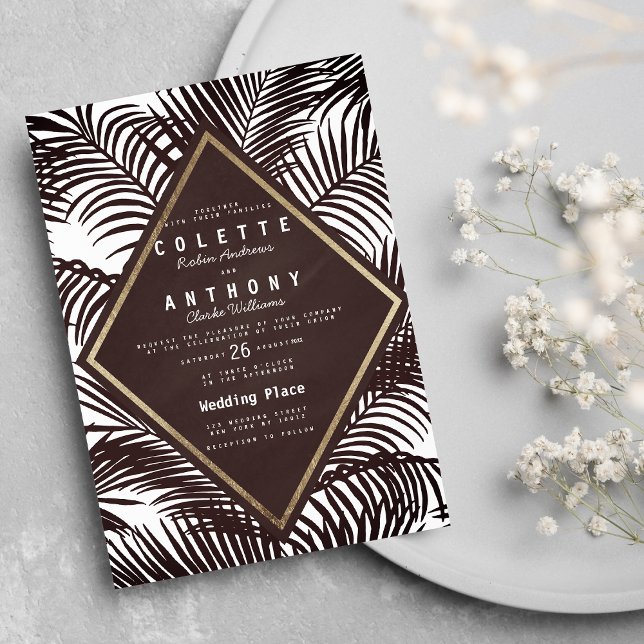 Moderne, dunkelburgundische Palme Hochzeit Einladung (Modern dark burgundy tropical palm Wedding)