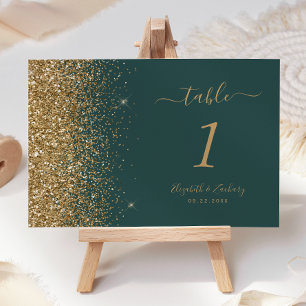 Moderne dunkelgrüne goldene Glitterrand-Hochzeit Tischnummer