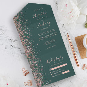 Moderne dunkelgrüne Roségold-Glitter-Hochzeit All In One Einladung