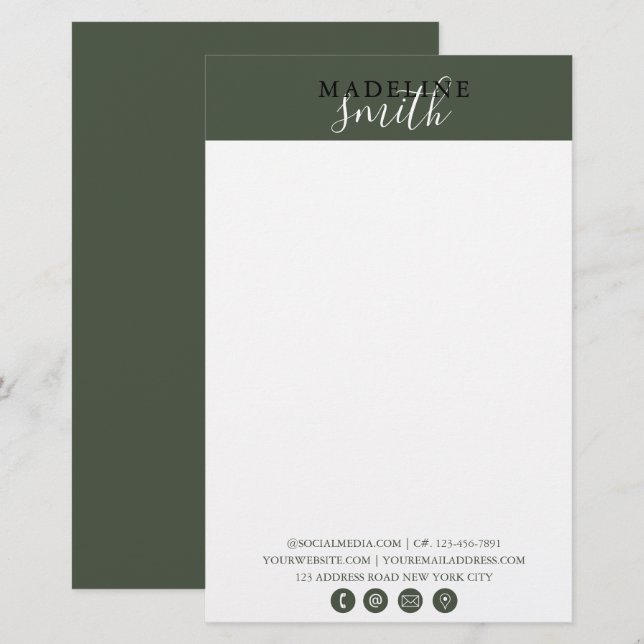 Moderne dunkelgrüne Schrift Briefpapier (Vorne/Hinten)