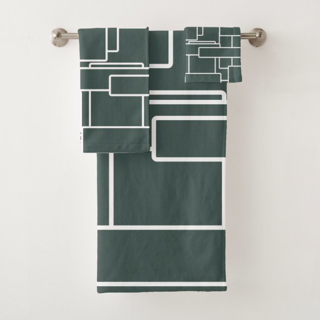 Moderne dunkelgrüne und Abstrakte Geometrie Badhandtuch Set (Insitu)