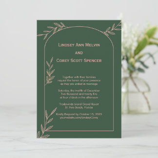 Moderne dunkelgrüne und rosa Leaf-Hochzeit Einladung