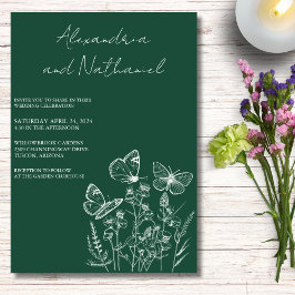 Moderne dunkelgrüne und weiße Butterfly-Hochzeit Einladung