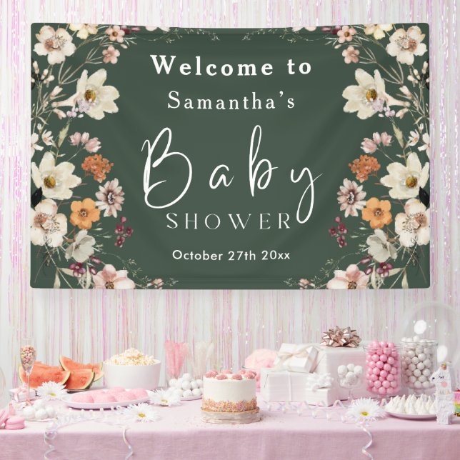 Moderne Dunkelgrüne Wildblume Babydusche Banner (Party)