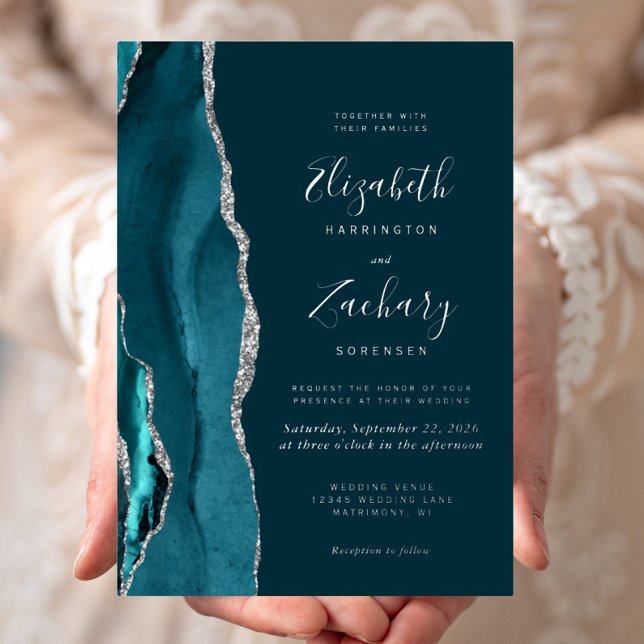 Moderne, dunkle Aquamarine Silbergabel-Hochzeit Folieneinladung (Von Creator hochgeladen)