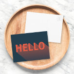 Moderne Dunkle Blau- und Orange-Hallo-Typografie Postkarte<br><div class="desc">Mit dieser unterhaltsamen dunkelblauen Karte mit einem modernen abstrakten Design eines orangen "Hello" mit einem langen Schattengradienten senden Sie Familie und Freunden ein Hallo. *Bitte beachten Sie,  dass das Zazzle-Wasserzeichen,  das in der Zoomvorschau angezeigt wird,  NICHT auf dem gedruckten Endprodukt erscheint. © Rosewood and Citrus</div>