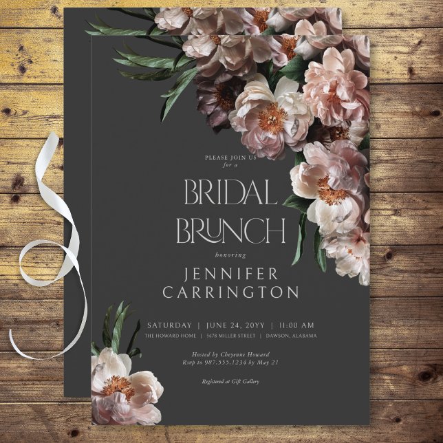 Moderne dunkle Blume blüht Black Bridal Brunch Einladung (Modern Dark Flower Blossoms Black Bridal Brunch Invitation)
