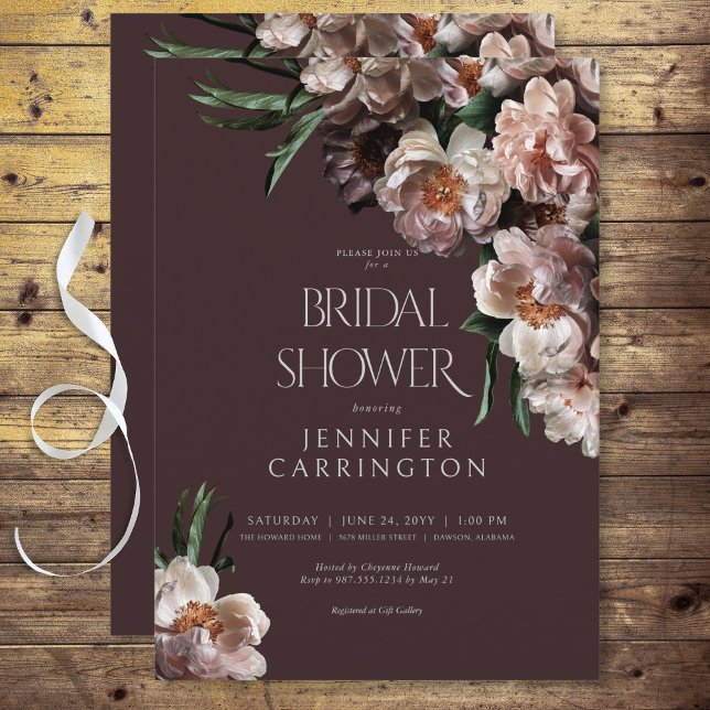 Moderne dunkle Blume blüht Burgund-Brautparty Einladung (Modern Dark Flower Blossoms Black Bridal Shower Invitation)