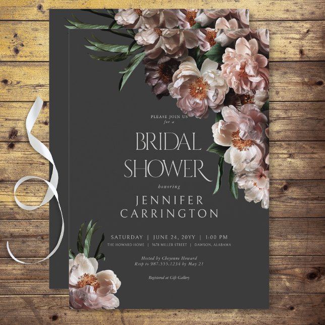 Moderne dunkle Blume blüht schwarzes Brautparty Einladung (Modern Dark Flower Blossoms Black Bridal Shower Invitation)