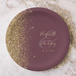 Moderne Dunkle Burgund Gold Glitzer Edge Wedding Pappteller