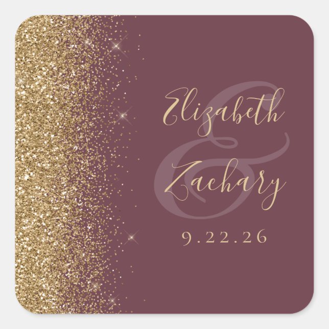 Moderne Dunkle Burgund Gold Glitzer Edge Wedding Quadratischer Aufkleber (Vorderseite)