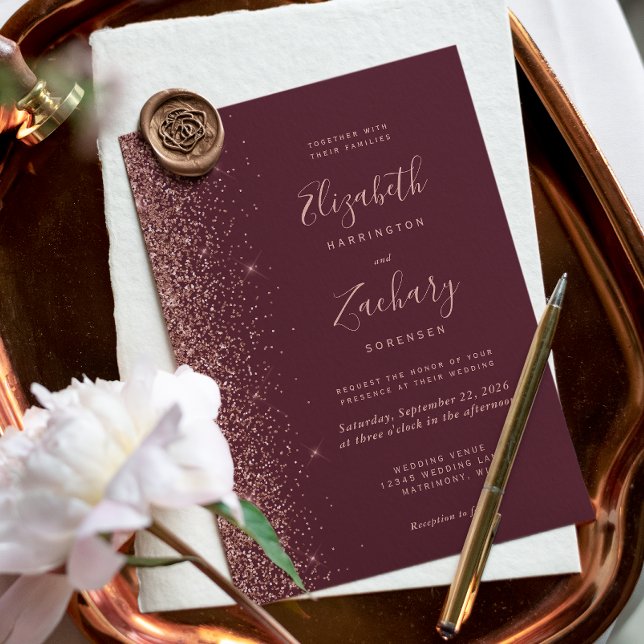 Moderne Dunkle Burgund Rose Gold Glitzer Hochzeit Einladung (Von Creator hochgeladen)