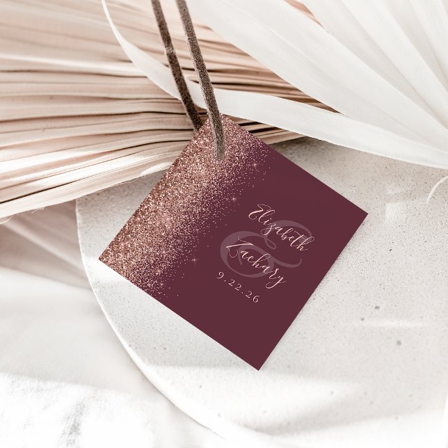 Moderne Dunkle Burgund Rose Gold Glitzer Hochzeit Geschenkanhänger (Von Creator hochgeladen)
