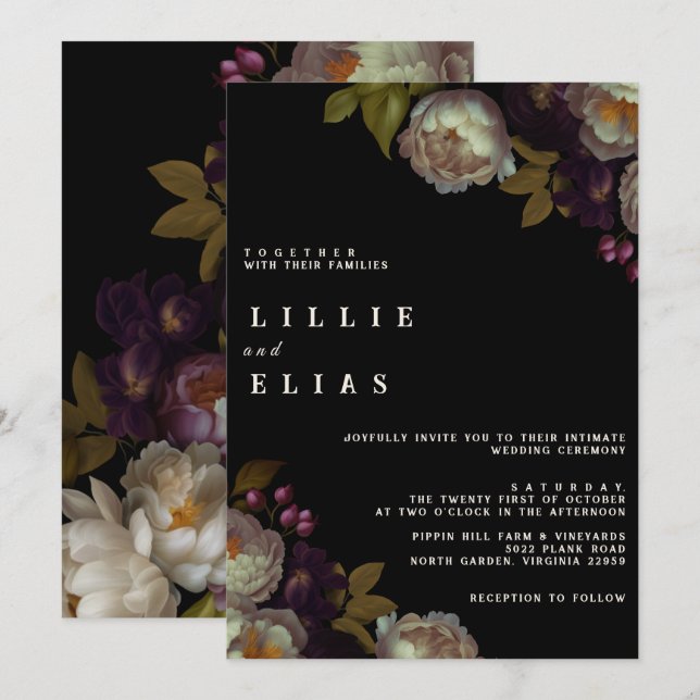 Moderne dunkle Flora | Moody Black and White Weddi Einladung (Vorne/Hinten)