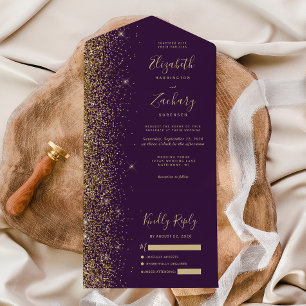 Moderne Dunkle Lila Glitzer Hochzeit All In One Einladung