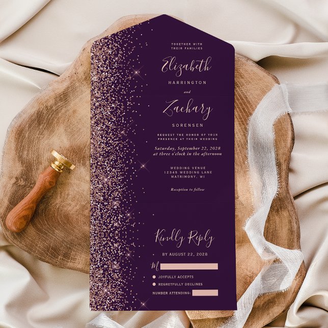 Moderne Dunkle Lila Rose Gold Glitzer Hochzeit All In One Einladung (Von Creator hochgeladen)