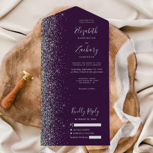 Moderne dunkle lila silberne Glitter-Hochzeit All In One Einladung