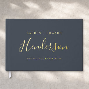 Moderne dunkle Marine und Gold Familienname Hochze Gästebuch
