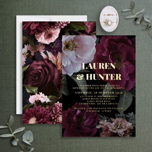 Moderne dunkle Moody Burgund Floral Wedding Gold Folieneinladung