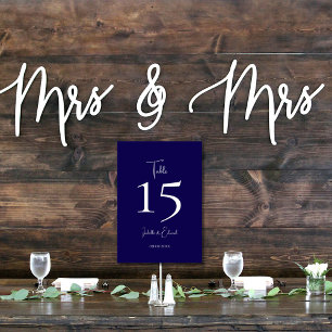 Moderne dunkle Navy-Weiß-Schrift Hochzeitsempfang Tischnummer