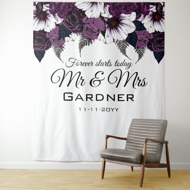 Moderne dunkle Pflaume und weißes Blumenband Wandteppich (Beispiel)