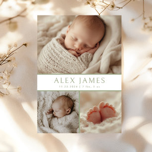 Moderne dunkle Seite Grün Foto Collage Baby Birth Ankündigung