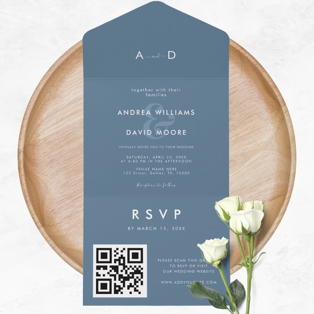 Moderne dusky Blue Ampersand & QR Code UAWG Weddin All In One Einladung (Von Creator hochgeladen)