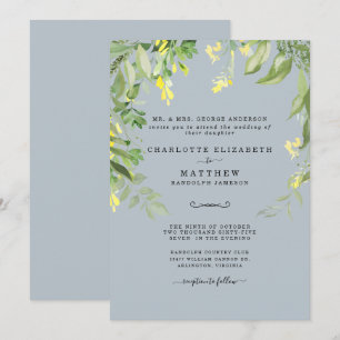 Moderne dusty Blau und Gelb Blumen Hochzeit Invita Einladung