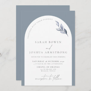 Moderne dusty Blue Arch Botanical Script Wedding Einladung