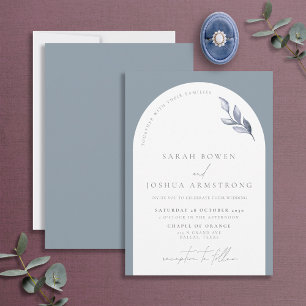 Moderne dusty Blue Arch Botanical Script Wedding i Einladung