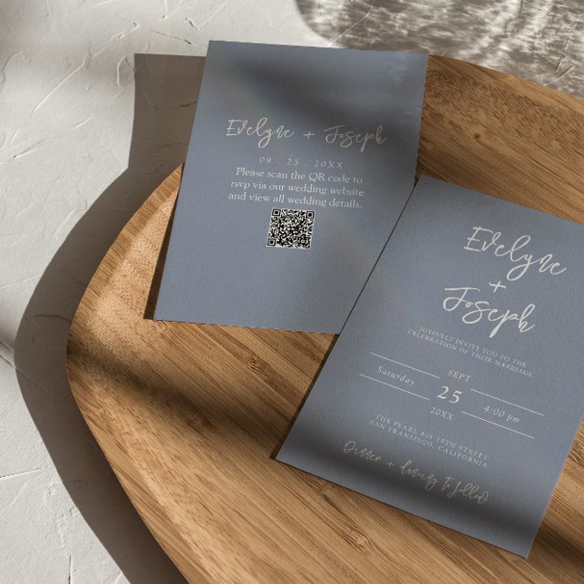 Moderne Dusty Blue Elegant Boho QR Code Wedding Einladung (Von Creator hochgeladen)