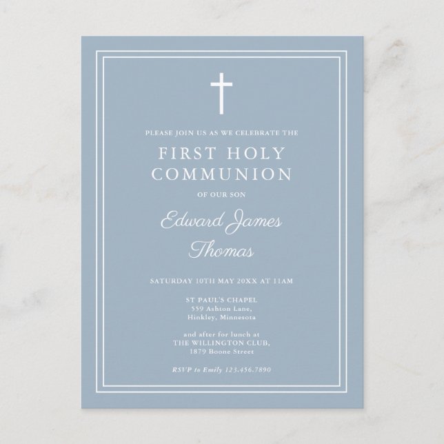 Moderne Dusty Blue First Holy Communion Invitation (Devant)