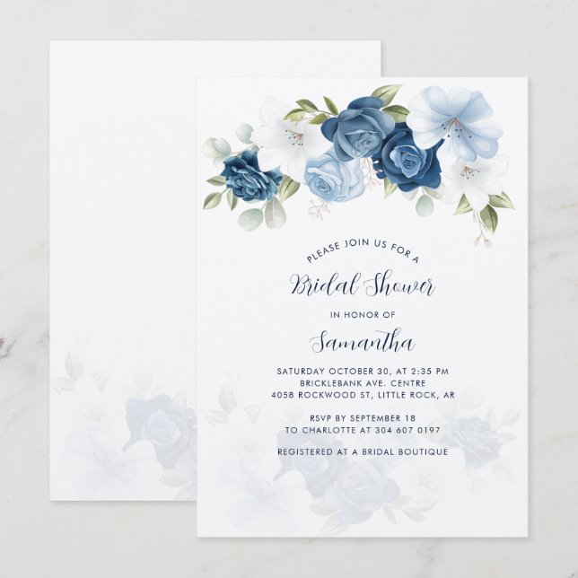 Moderne Dusty Blue Floral Bridal Dusche Einladung (Vorne/Hinten)
