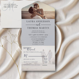 Moderne dusty Blue Foto Collage Wedding All In One Einladung
