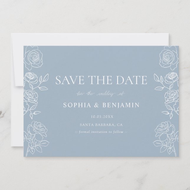 Moderne Dusty Blue French Rose Hochzeit Save The Date (Vorderseite)