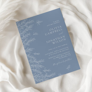 Moderne Dusty Blue Minimal Blätter Hochzeit Einladung