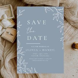 Moderne Dusty Blue Minimal Leafy Wedding Save The Date