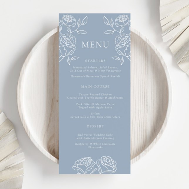 Moderne Dusty Blue Rose Menu Mariage (Créateur téléchargé)