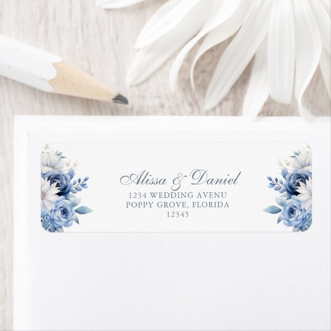 Moderne Dusty Blue Wildblumen Hochzeitsadresse (Insitu)