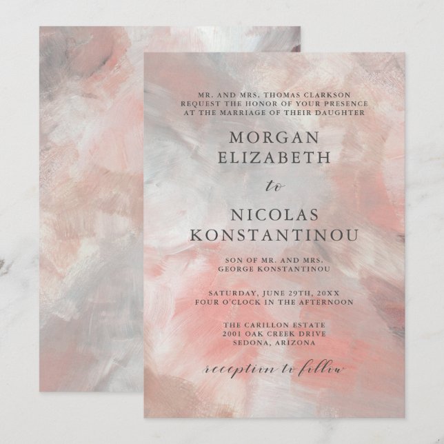 Moderne Dusty Coral Abstrakt Brush Strokes Wedding Einladung (Vorne/Hinten)