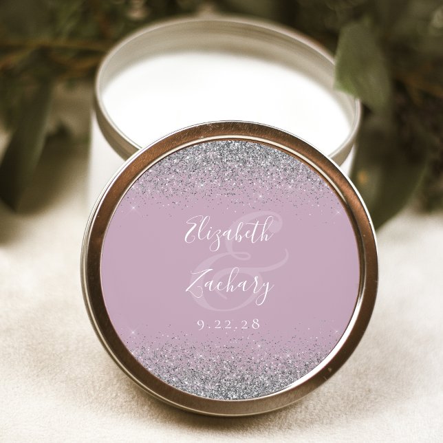 Moderne Dusty Lilac Silver Glitzer Edge Wedding Runder Aufkleber (Von Creator hochgeladen)