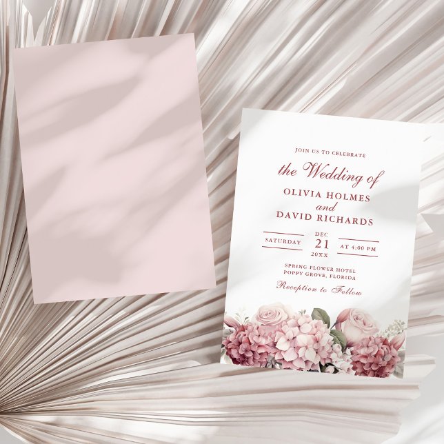 Moderne Dusty Rose Hydrangea Wedding Einladung (Modern Dusty Rose Hydrangea Wedding Invitation on a sunny neutral dry palm leaf.)